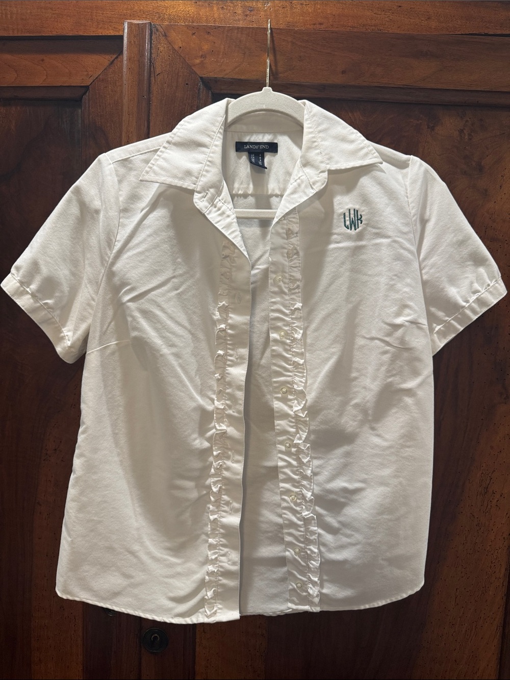 Lands' End White Short-Sleeve Ruffle-Front Button Down Shirt